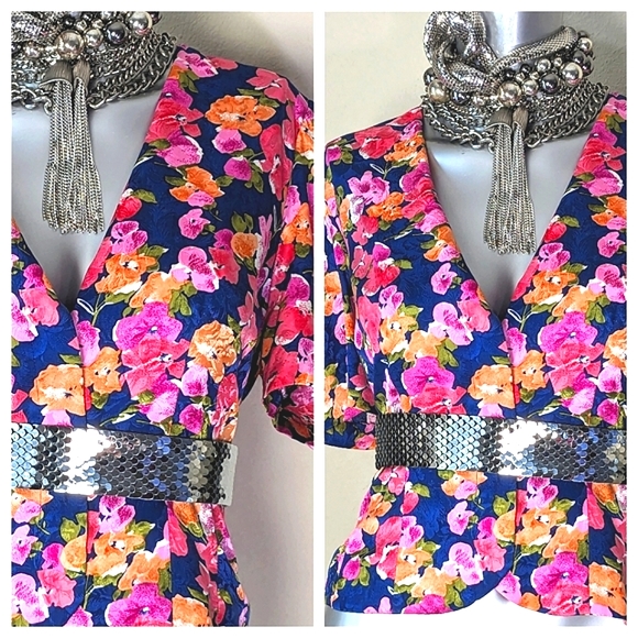 100% Silk Vibrant Bold Floral Print "Papell" Cropped Blouse Blazer - Picture 3 of 15